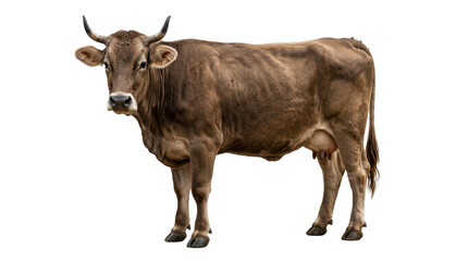Brown cow standing isolated on white background looking forward.