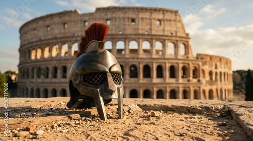 Gladiator, Coliseum. Landscape with gladiator helmet and coliseum in the background