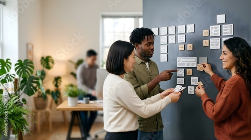 Diverse design team collaborating on a website wireframe in office