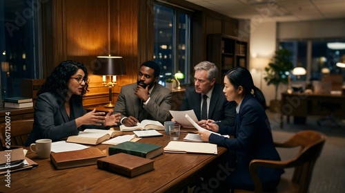 Diverse professional team discussing documents in a law firm office at night