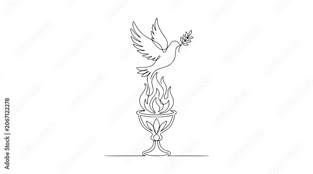 Fototapeta premium Dove with Olive Branch Flying Above Flaming Chalice, Single Line Art