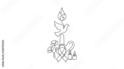 Fotografie Hope and Remembrance: Dove, Candle, Ribbon, and Flowers - Continuous Line Art Sy