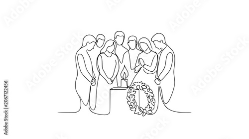 Obraz na płótnie Mourners Gather Around Candle and Wreath in Somber Remembrance, Line Art
