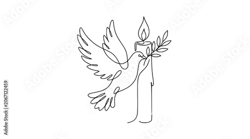 Foto Dove with Olive Branch and Candle, Single Line Art, Peace Symbol