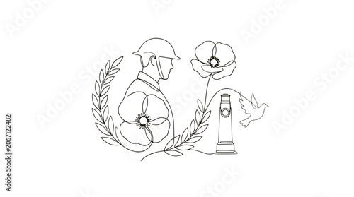 Photos Remembrance Day illustration: Soldier, Poppies, Laurel Wreath, Dove, Cenotaph