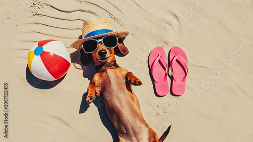 Cute dachshund relaxing on sandy beach with summer accessories