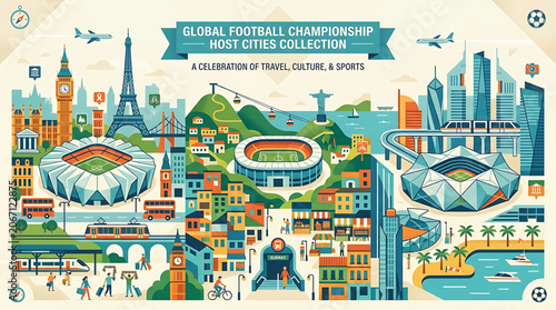 Vector illustration of global cities and football stadiums for a world sports championship travel celebration