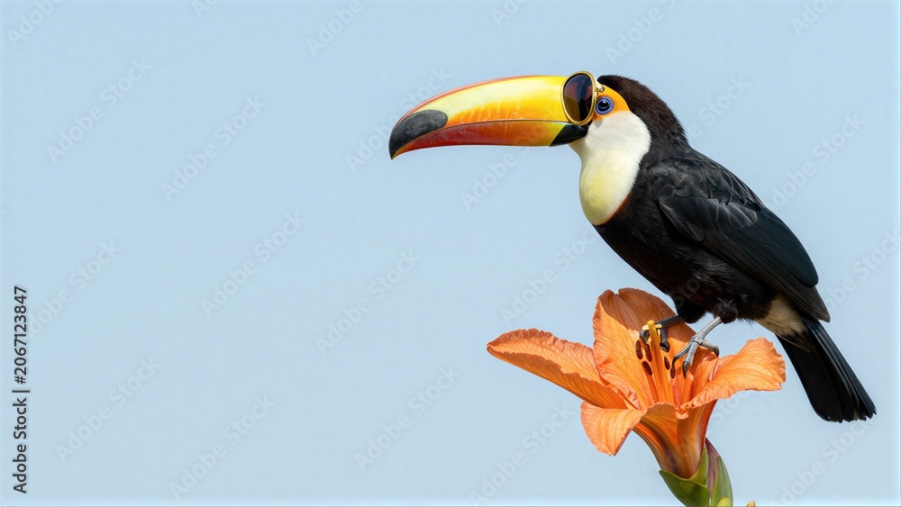 Obraz premium Vibrant toucan perches gracefully on an orange flower against a soft blue sky.