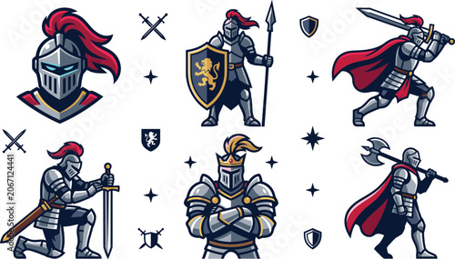 Obraz na plátně Medieval Knight Character Collection Set with Armor Warriors Heraldic Shields Fa