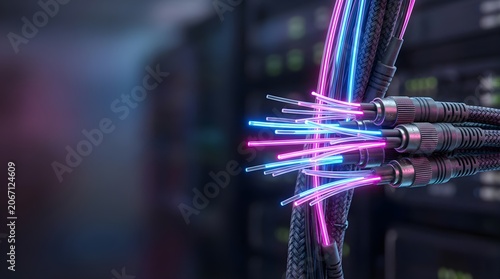Fiber optic cables with glowing neon light signals in a server room data center