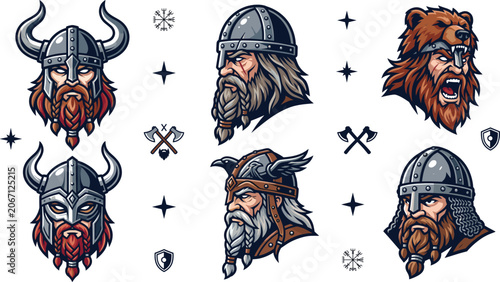 Obraz na plátne Viking Warrior and Norse Character Collection Set with Medieval Helmets Mytholog