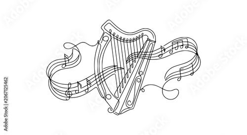 Fotografie Elegant Harp with Musical Notes and Melody Line Art Illustration