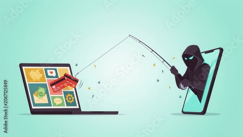 Cyber criminal stealing credit card data using a digital fishing rod