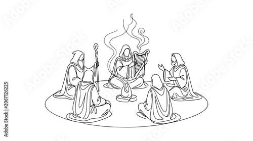 Mystical Circle Gathering: Druids Playing Harp Around Bonfire, Ancient Ritual, Fantasy Art