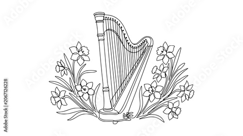 Foto Elegant Harp Surrounded by Delicate Daffodils - Line Art Illustration