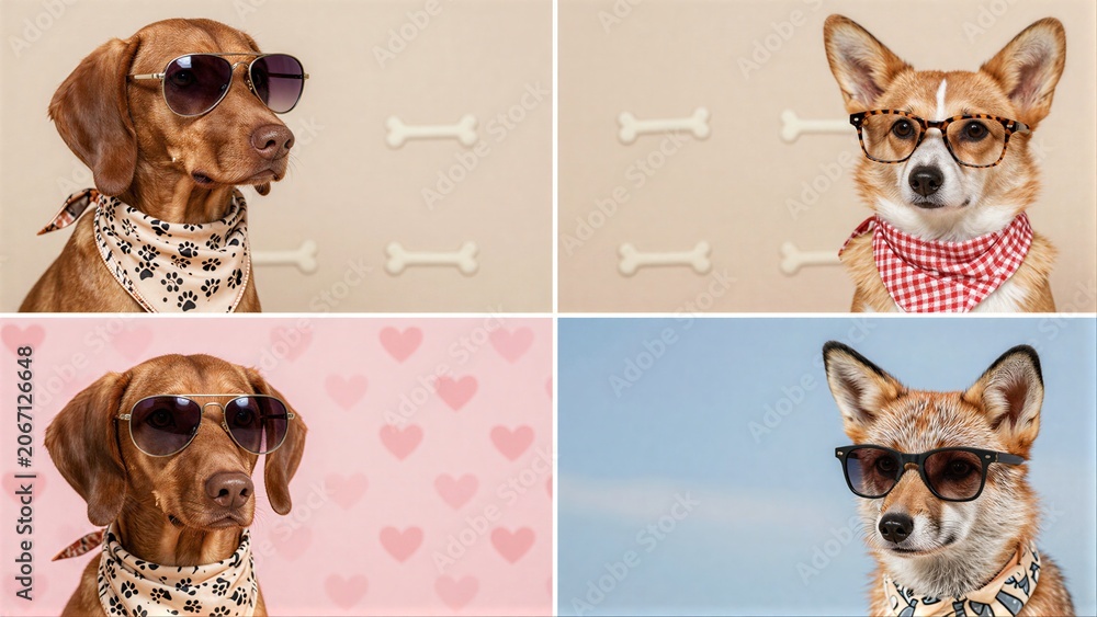 Fototapeta premium Four stylish dogs and a fox wear sunglasses, bandanas, posing in playful studio settings.