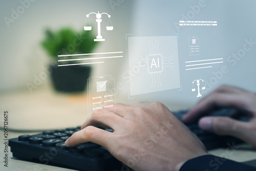 Artificial intelligence and law concept. Businessman working on laptop with icons of AI regulation, policy, ethics, and legal risk. Responsible AI technology and compliance standards.