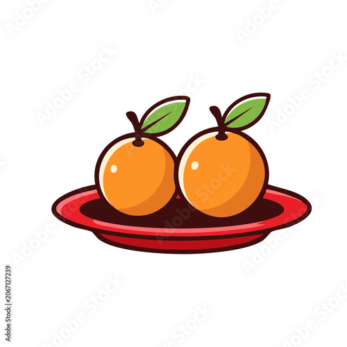 Two Oranges on a Red Plate with Green Leaves