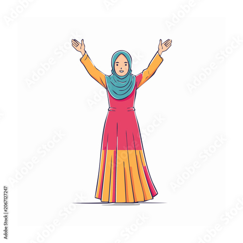 Woman in hijab and long dress with raised arms illustration