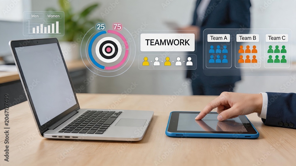 Fototapeta premium Corporate teamwork concept with business analytics dashboard on tablet, showing team management charts, gender statistics