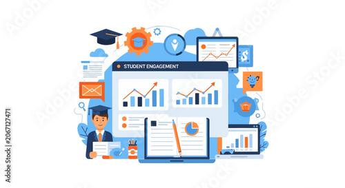 Student engagement analytics dashboard with charts, graphs, graduation cap, and business icons, representing educational data analysis and success.
