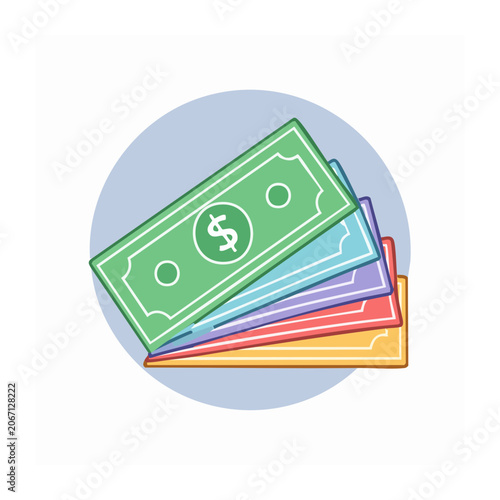 Flat design money stack icon with colorful banknotes