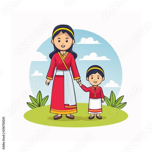 Mother and Child in Traditional Clothing Holding Hands