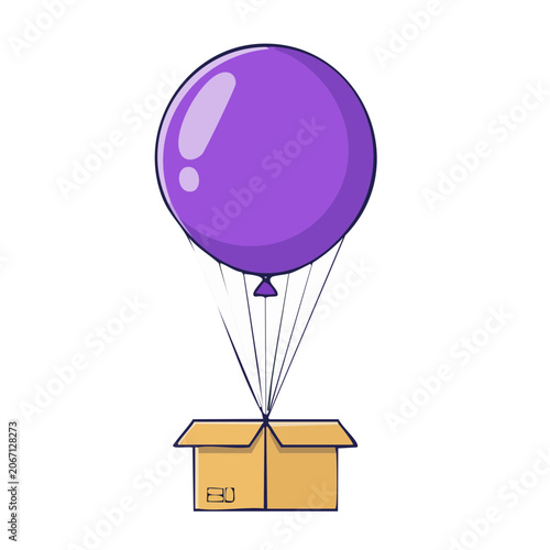 Purple hot air balloon lifting a cardboard box