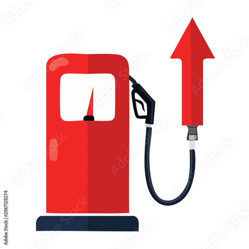 Red gas pump with fuel nozzle and upward arrow illustration