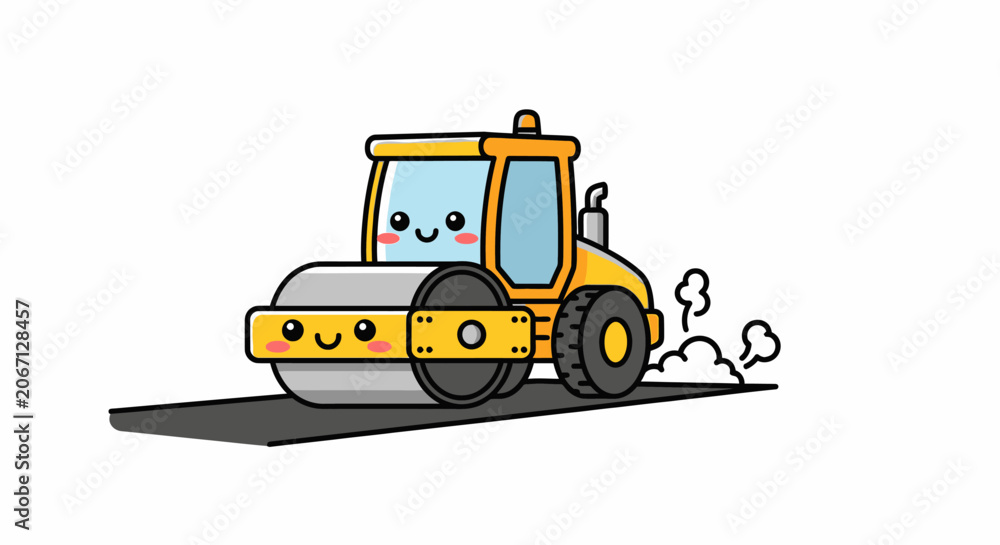 Naklejka premium Cute kawaii yellow steamroller machine flattening asphalt on a white background, cartoon style