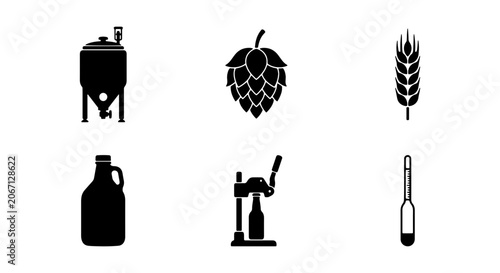 Photos Brewery Icons Set: Fermentation Tank, Hops, Wheat, Growler, Bottle Capper, Hydro