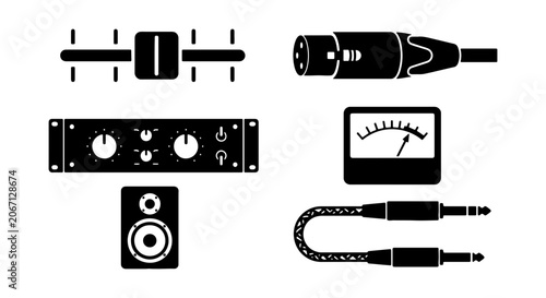 Schilderij op canvas Audio Equipment Icons: Mixer Sliders, XLR Connector, Amplifier, VU Meter, Speake