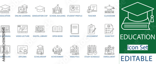 Obraz na płótnie education and online learning line icon set containing graduation cap, e-learning school, digital library, certificate, study schedule, and student profile interface icons