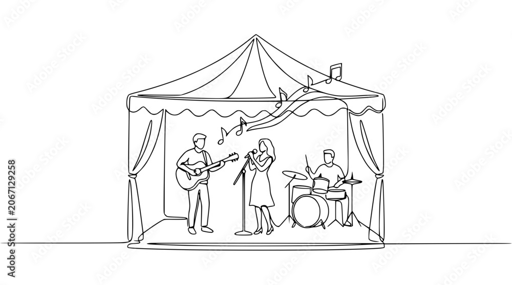 Fototapeta premium Live Music Band Performing Under Tent Stage, Continuous Line Art Drawing