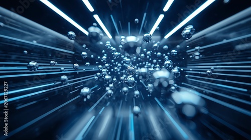 Abstract Blue Light Streaks and Spheres in Motion.