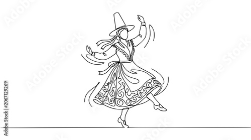 Schilderij op canvas Whirling Dancer in Traditional Costume and Hat - Continuous Line Art