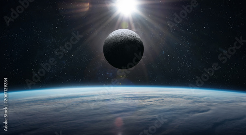 Obraz na płótnie Moon surface and Earth planet at night in outer space