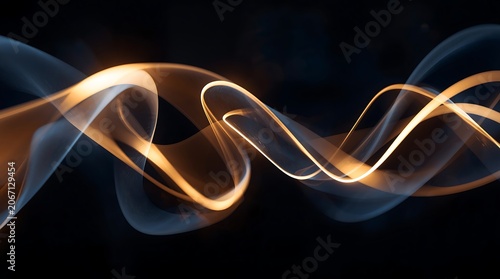 Abstract Swirling Smoke Waves with Golden Light Trails on Black Background.