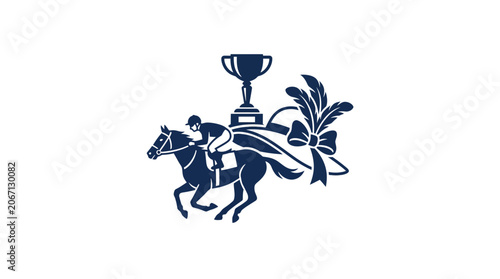Bild auf Leinwand Equestrian Championship Icon: Horse, Rider, Trophy, and Ribbon on White Backgrou
