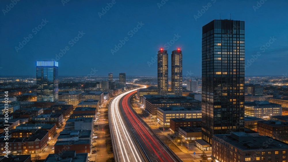 Fototapeta premium Night city skyline with illuminated skyscrapers and highway traffic light trails, urban landscape at dusk, modern architecture, transportation flow