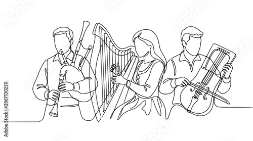 Line Art Musicians Playing Traditional Instruments: Bagpipes, Harp, Lyre