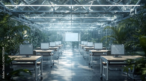 Futuristic Greenhouse Classroom with Technology and Lush Vegetation.