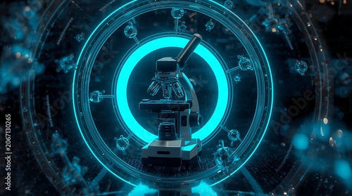 Futuristic Microscope with Neon Blue Light in a Dark Lab.
