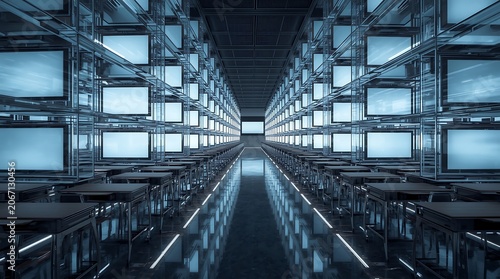 Futuristic Server Room with Glowing Screens and Reflective Surfaces.