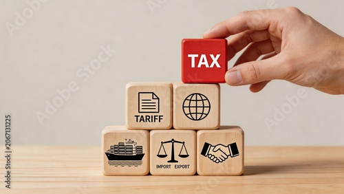 Hand placing red tax block on wooden cubes with tariff and import export icons, international trade logistics and customs duty concept