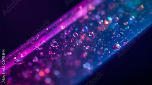 Vibrant Neon Water Droplets on a Reflective Surface.