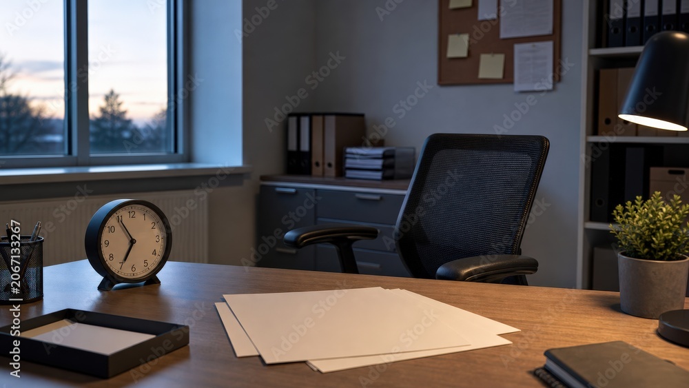 Naklejka premium Deadline Approaching Empty Desk Chair And Clock In Operations Office