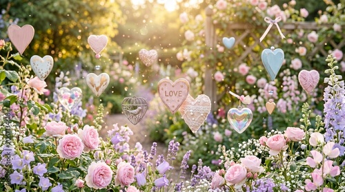 Handcrafted embroidered hearts hanging in a lush pink rose garden at sunset, romantic whimsical floral background with decorative ornaments