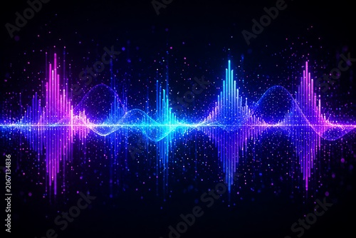 Abstract digital sound wave equalizer with glowing neon particles