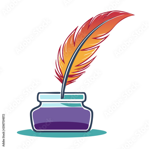 Feather quill in purple inkwell illustration
